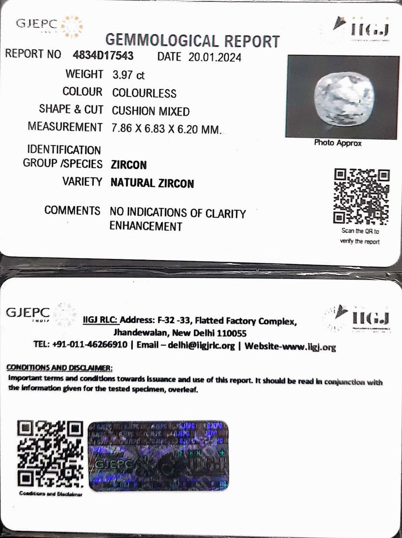 3.97/CT Natural Zircon with Govt. Lab certificate (4551)