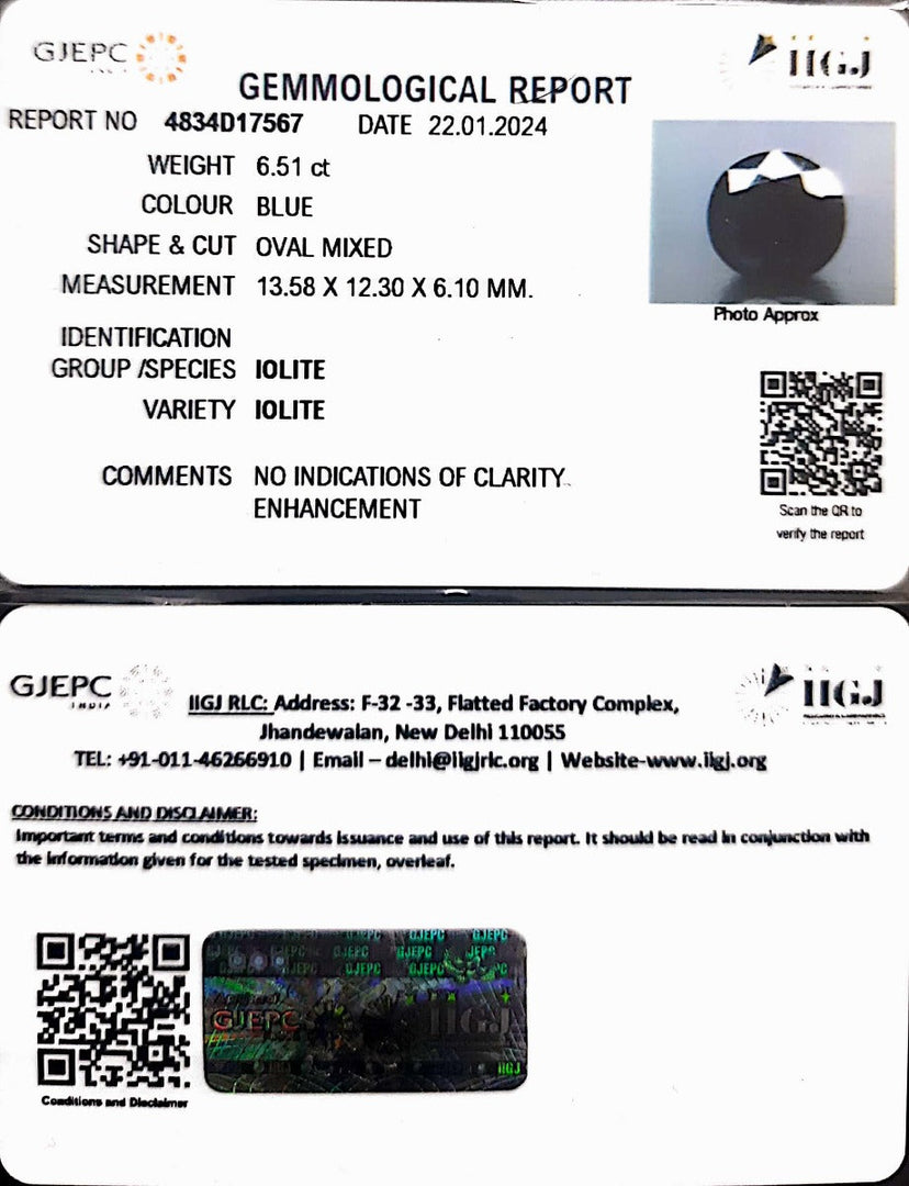 6.51/CT Natural Iolite with Govt Lab Certificate (1221)