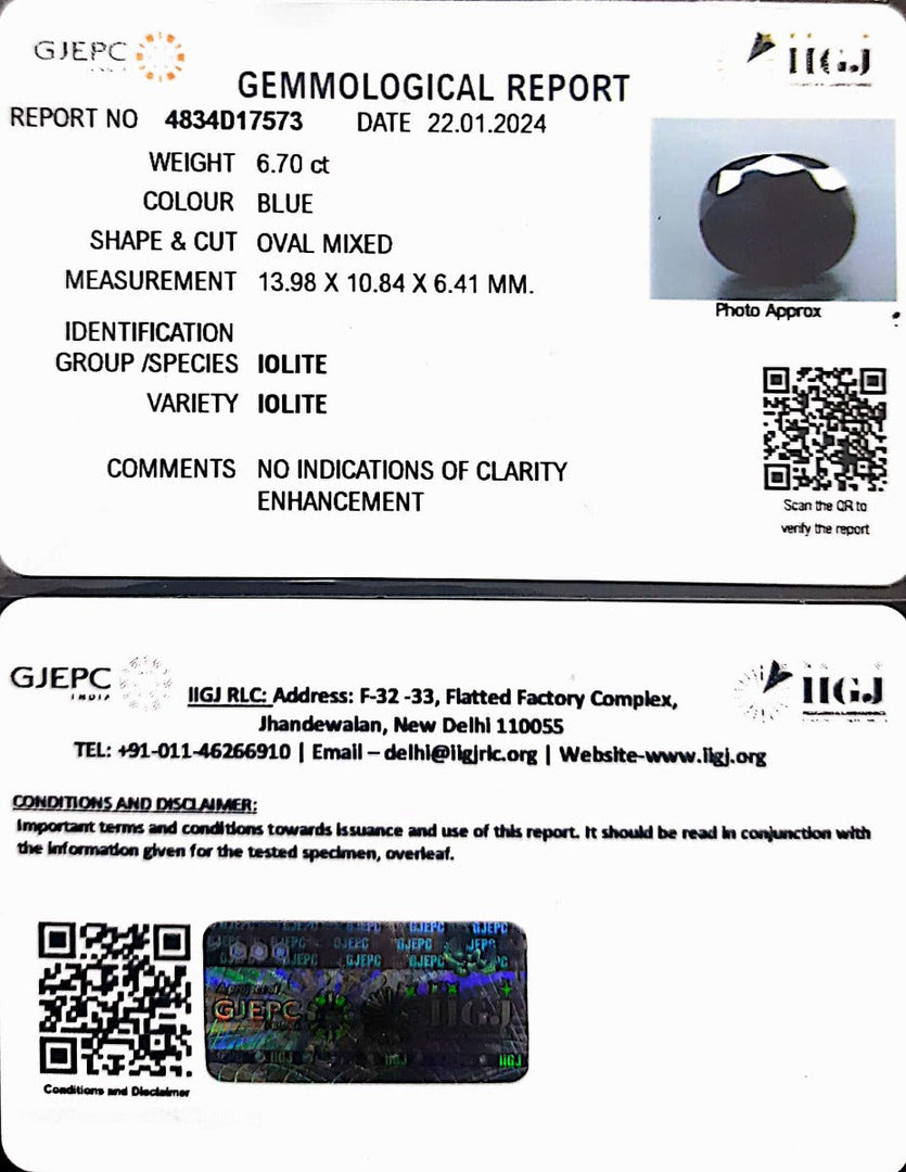 6.70/CT Natural Iolite with Govt Lab Certificate (1221)