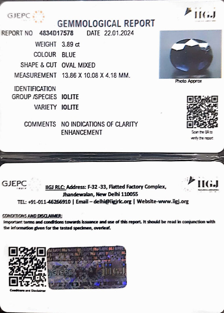 3.89/CT Natural Iolite with Govt Lab Certificate (1221)