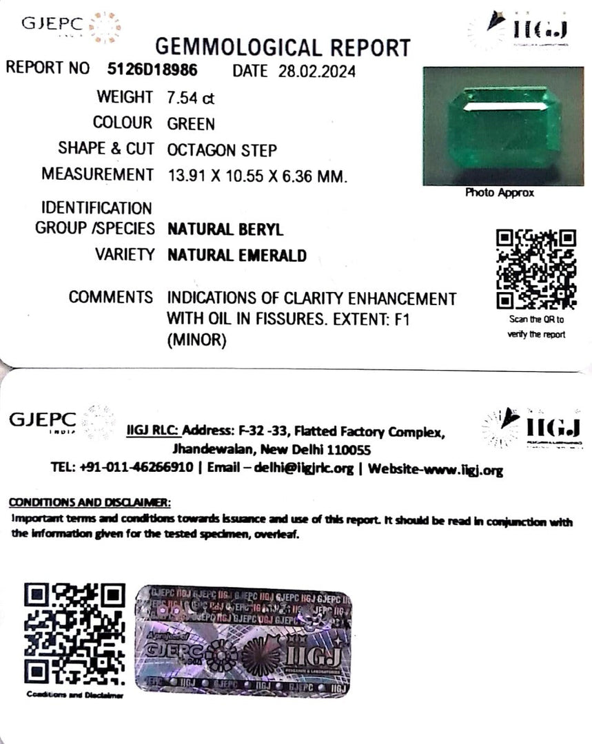 7.54/CT Natural Panna Stone with Govt. Lab Certificate (45510)