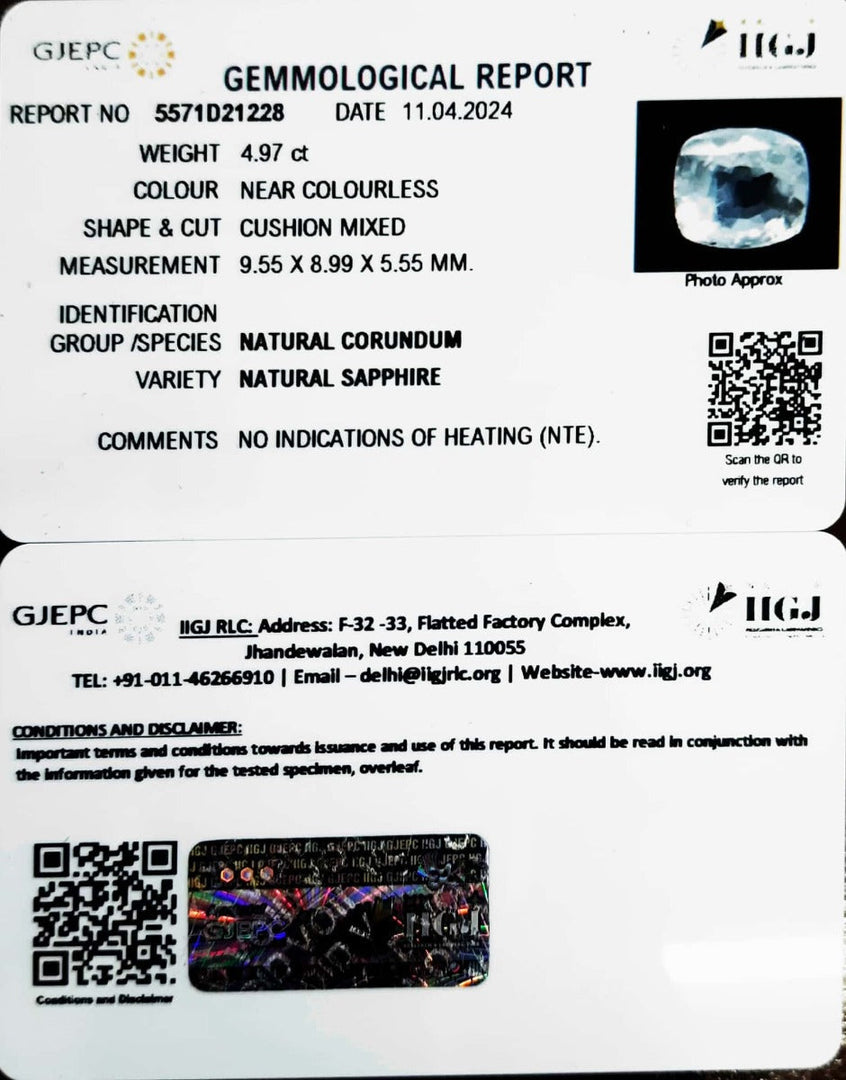 4.97/CT Natural White Sapphire with Govt Lab Certificate