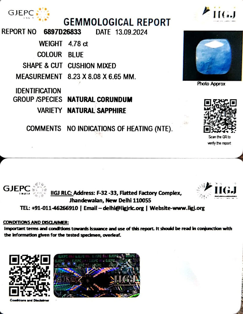 4.78/CT Natural Blue Sapphire with Govt Lab Certificate-4551