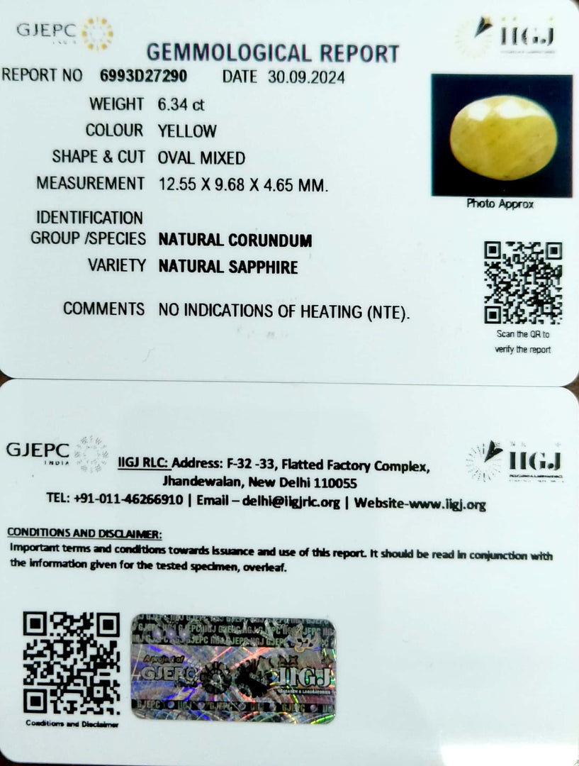 6.34/CT Natural Yellow Sapphire With Govt Lab Certificate