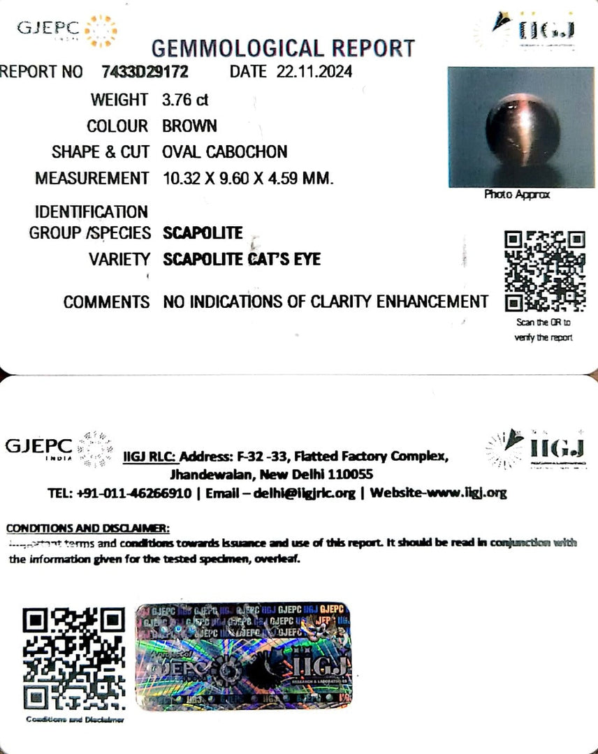 3.76/CT Natural Scapolite Cat's Eye with Govt. Lab Certificate-1221