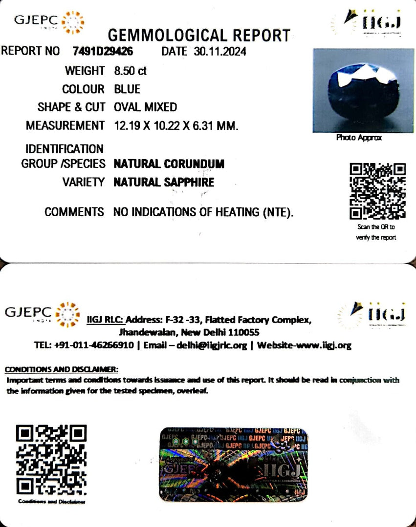 8.50/CT Natural Blue Sapphire with Govt Lab Certificate-2331