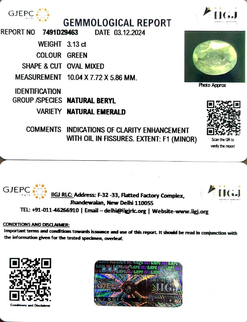 3.13/CT Natural Panna Stone with Govt. Lab Certificate-12210