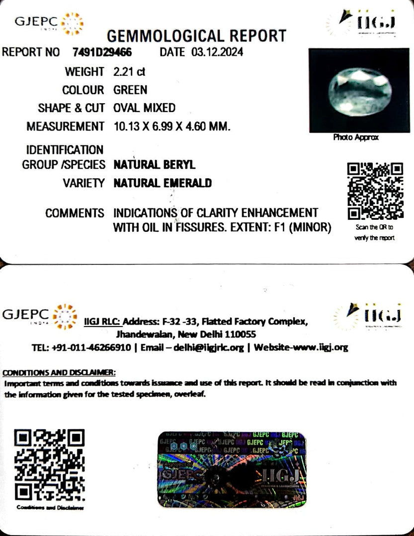 2.21/CT Natural Panna Stone with Govt. Lab Certificate-12210