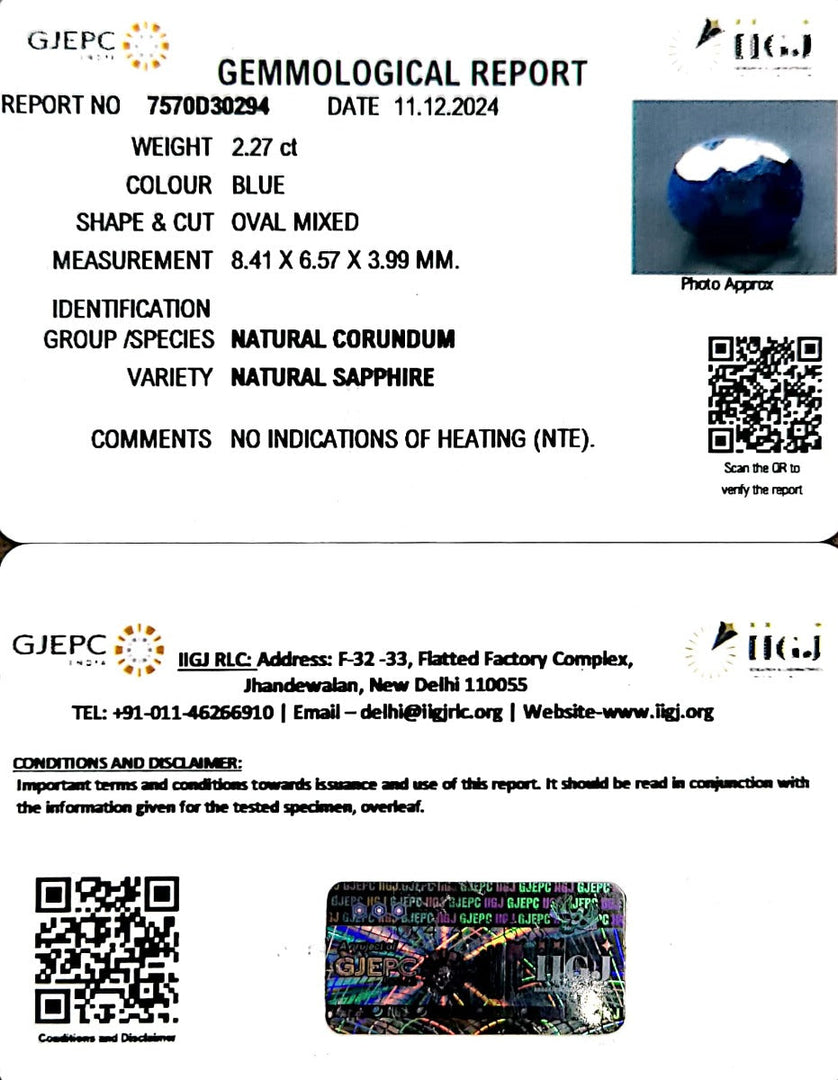 2.27/CT Natural Blue Sapphire with Govt Lab Certificate-2331