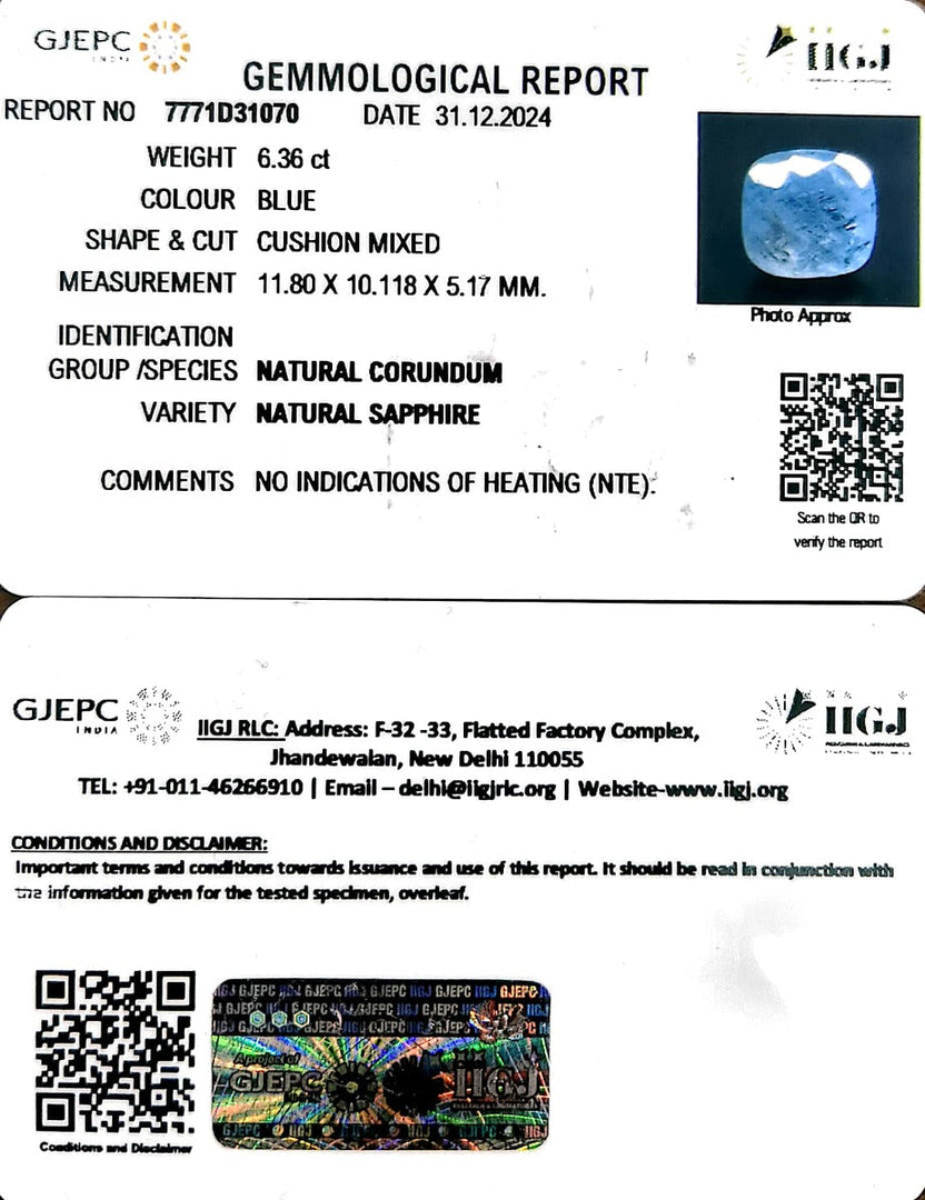 6.36/CT Natural Blue Sapphire with Govt Lab Certificate-6771