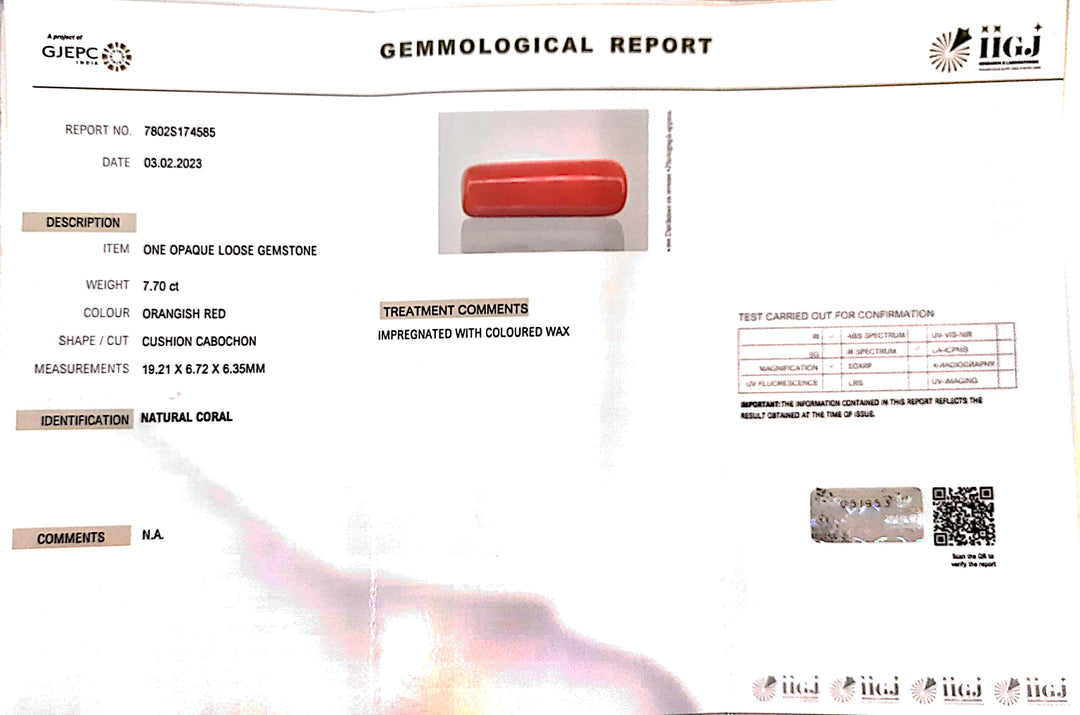 7.70/CT Natural Red Coral With Govt. Lab Certificate