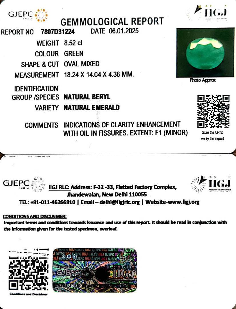 8.52/CT Natural Panna Stone with Govt. Lab Certificate-8991