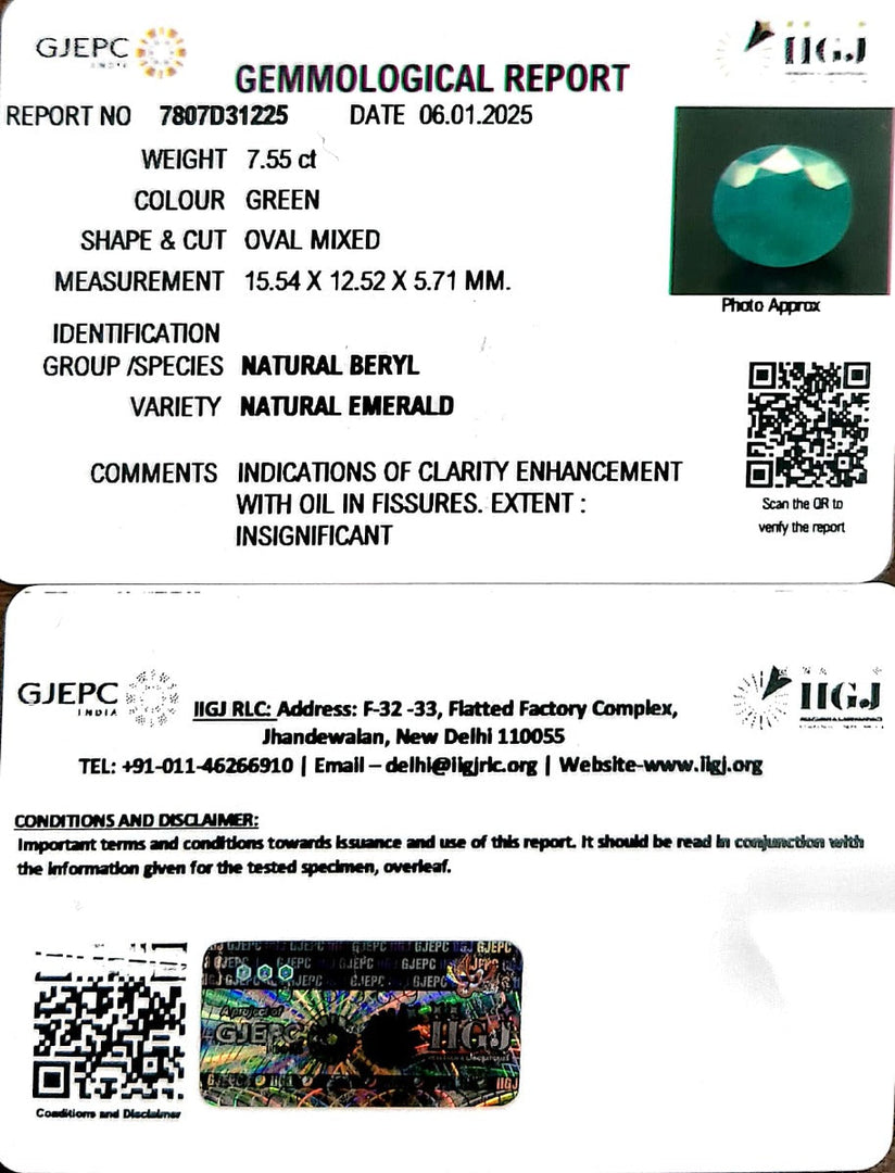 7.55/CT Natural Panna Stone with Govt. Lab Certificate-8991