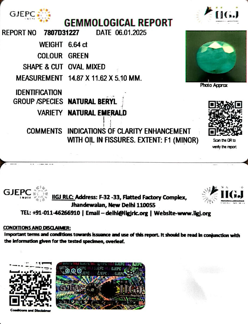 6.64/CT Natural Panna Stone with Govt. Lab Certificate-23310