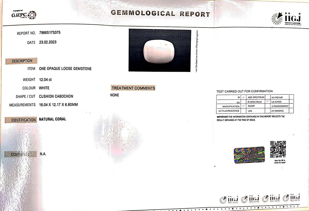 12.04/CT White Coral With Govt. Lab Certified (1500)