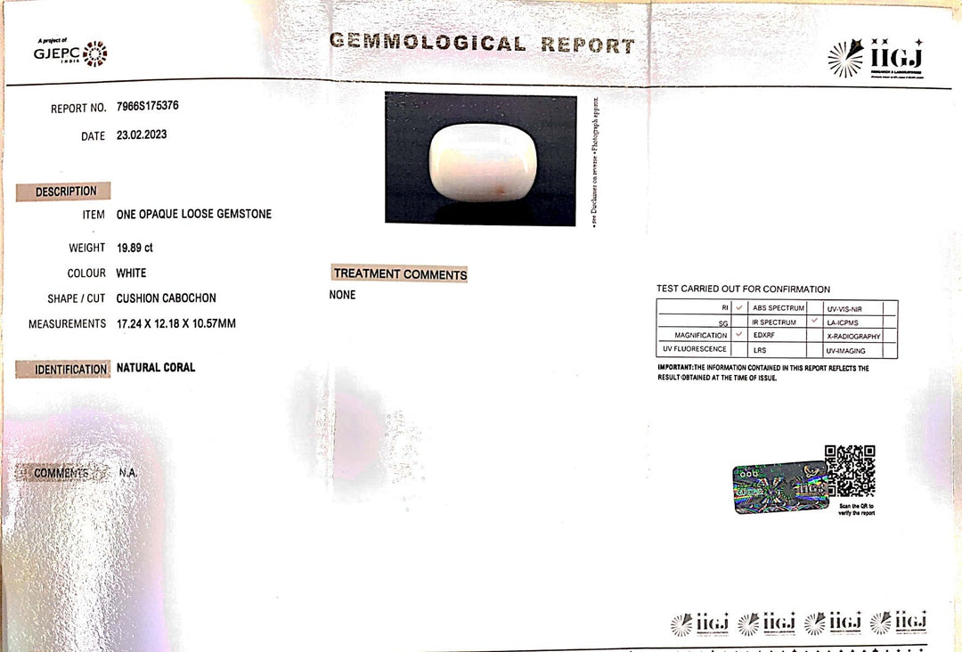 19.89/CT White Coral With Govt. Lab Certified (1500)