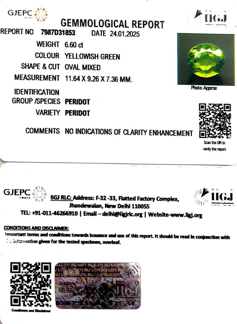 6.60/CT Natural Peridot With Govt. Lab Certificate-5661