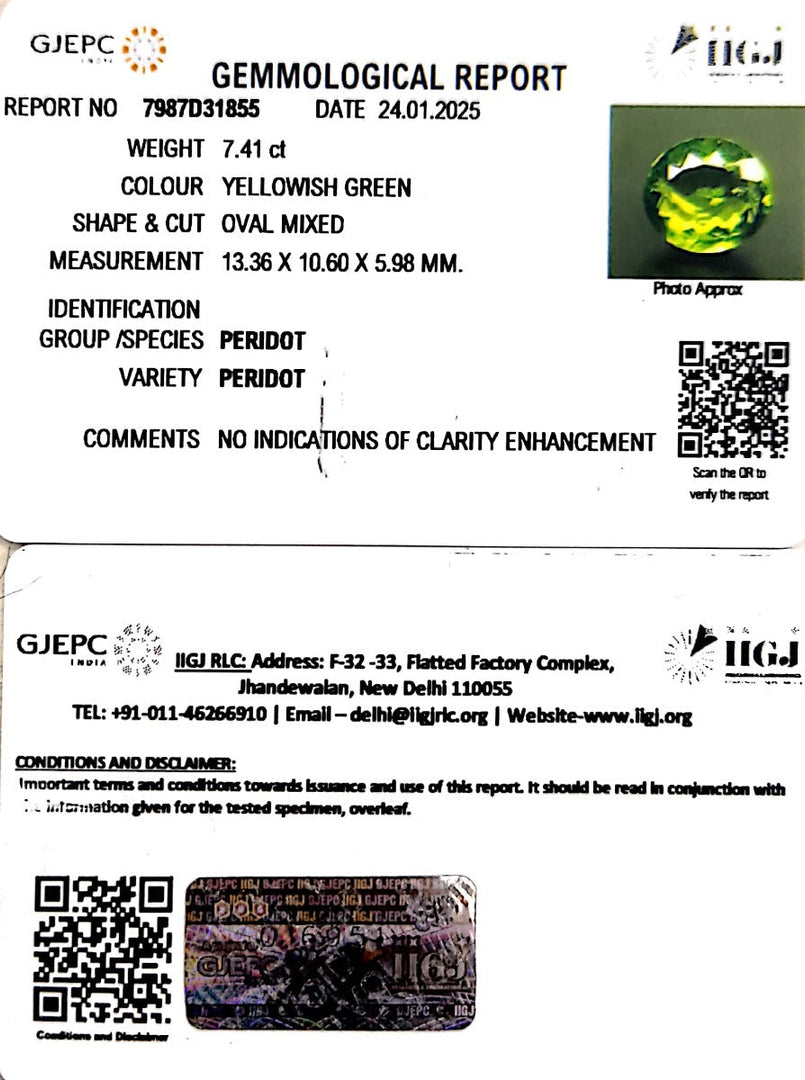 7.41/CT Natural Peridot With Govt. Lab Certificate-5661