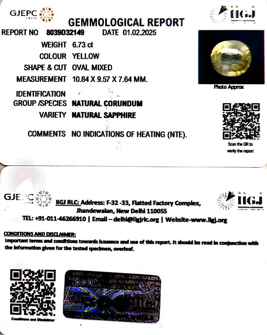 6.73/CT Natural Yellow Sapphire With Govt Lab Certificate