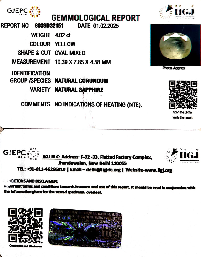 4.02/CT Natural Yellow Sapphire With Govt Lab Certificate