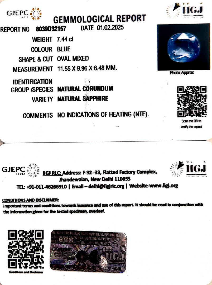 7.44/CT Natural Blue Sapphire With Govt Lab Certificate