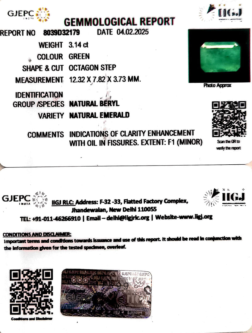 3.14/CT Natural Panna Stone with Govt. Lab Certificate (23310)
