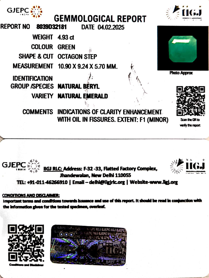 4.93/CT Natural Panna Stone with Govt. Lab Certificate (3441)