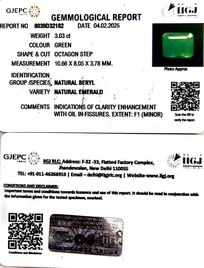 3.03/CT Natural Panna Stone with Govt. Lab Certificate (12210)