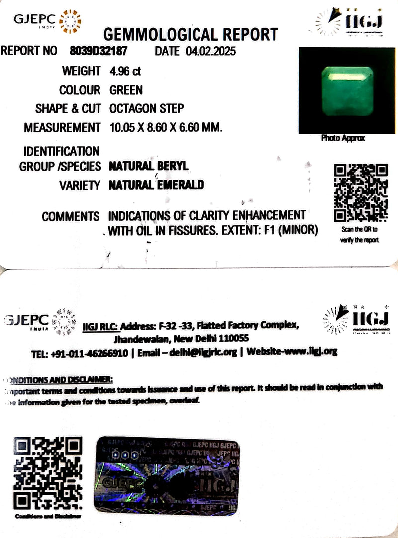 4.96/CT Natural Panna Stone with Govt. Lab Certificate (3441)