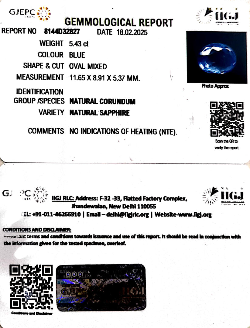 5.43/CT Natural Blue Sapphire With Govt Lab Certificate