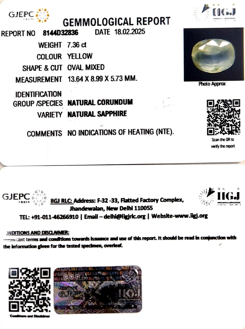 7.36/CT Natural Yellow Sapphire With Govt Lab Certificate