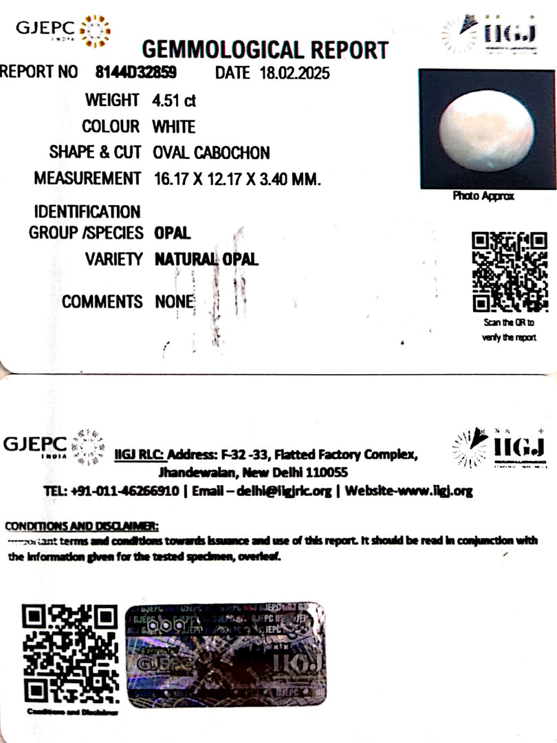 4.51/CT Natural Opal with Govt. Lab Certificate