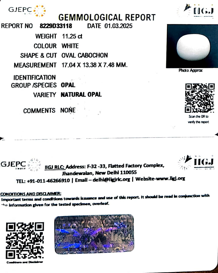 11.25/CT Natural Opal with Govt. Lab Certificate