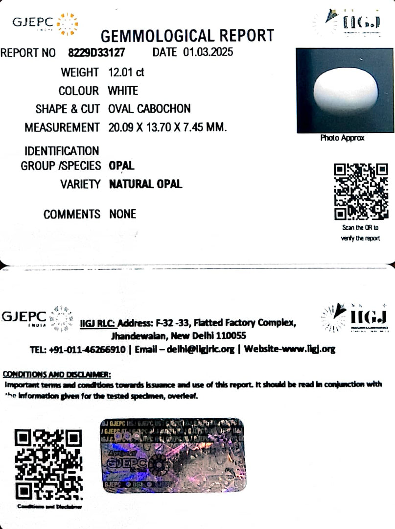 12.01/CT Natural Opal with Govt. Lab Certificate