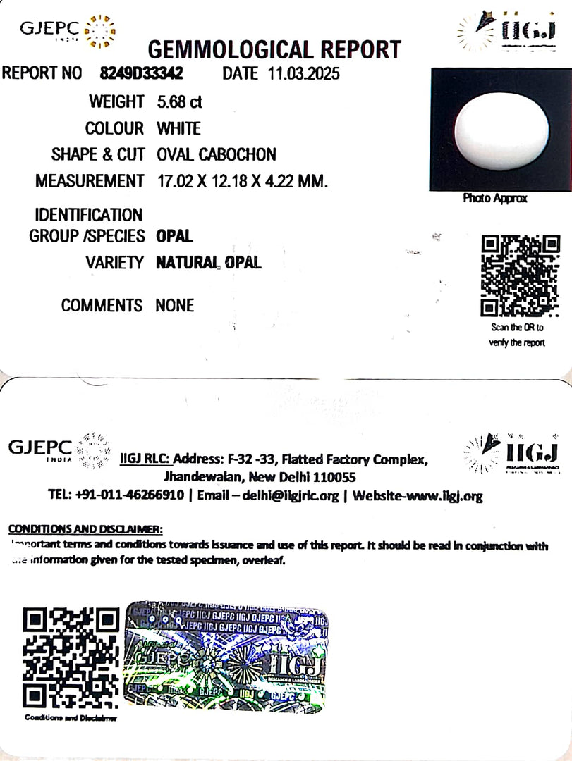 5.68/CT Natural Opal with Govt. Lab Certificate