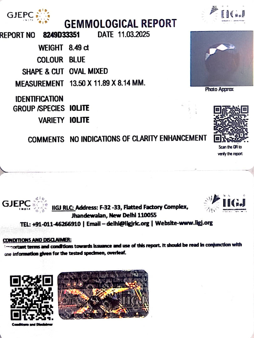 8.49/CT Natural Iolite With Govt. Lab Certificate