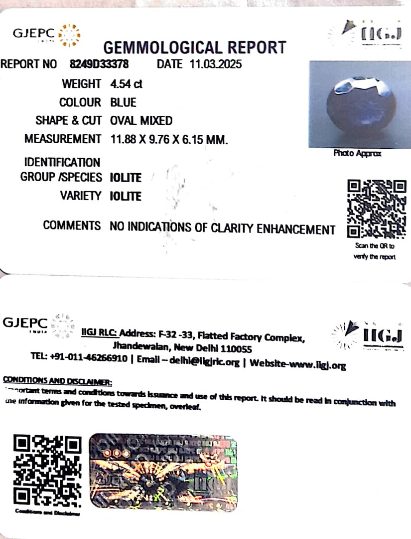 4.54/CT Natural Iolite With Govt. Lab Certificate