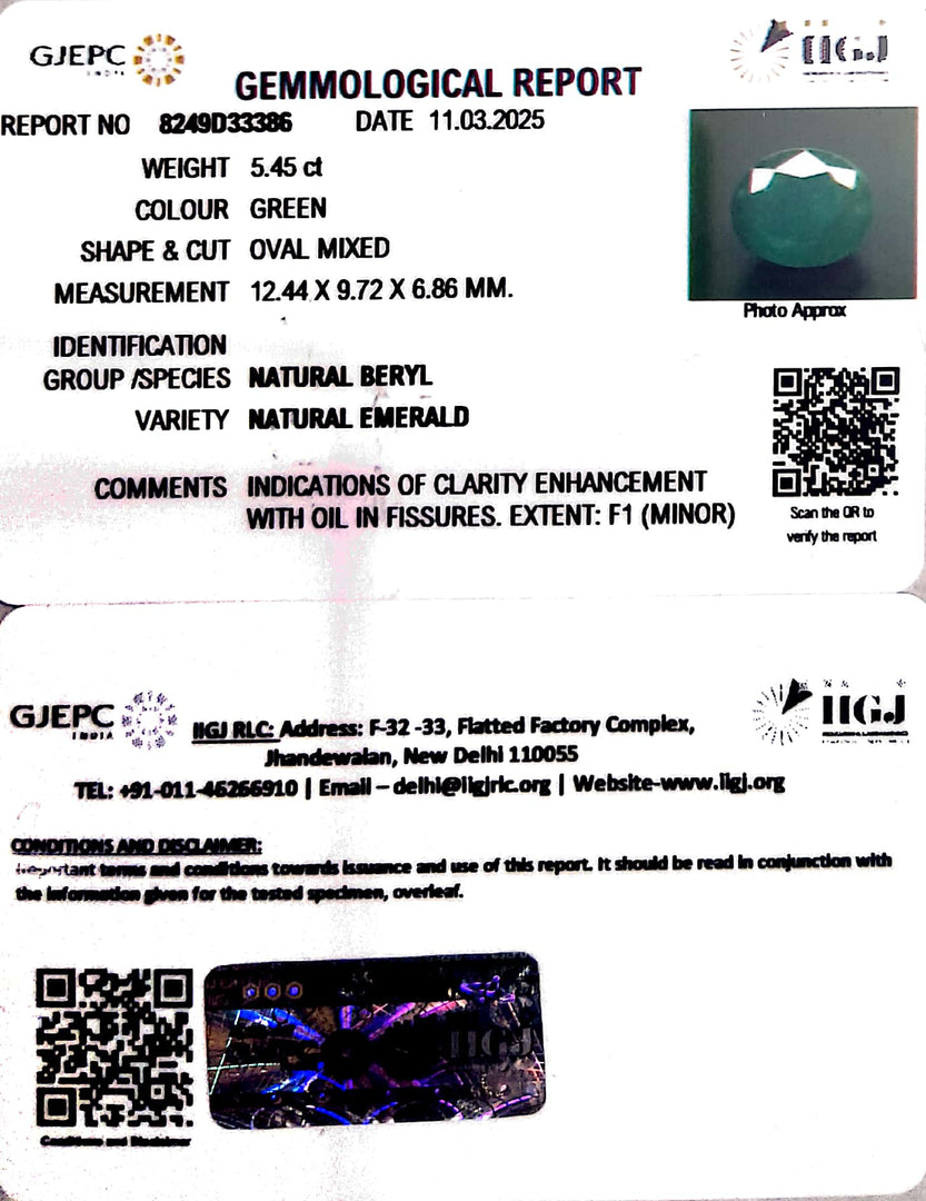 5.45/CT Natural Panna Stone with Govt. Lab Certificate