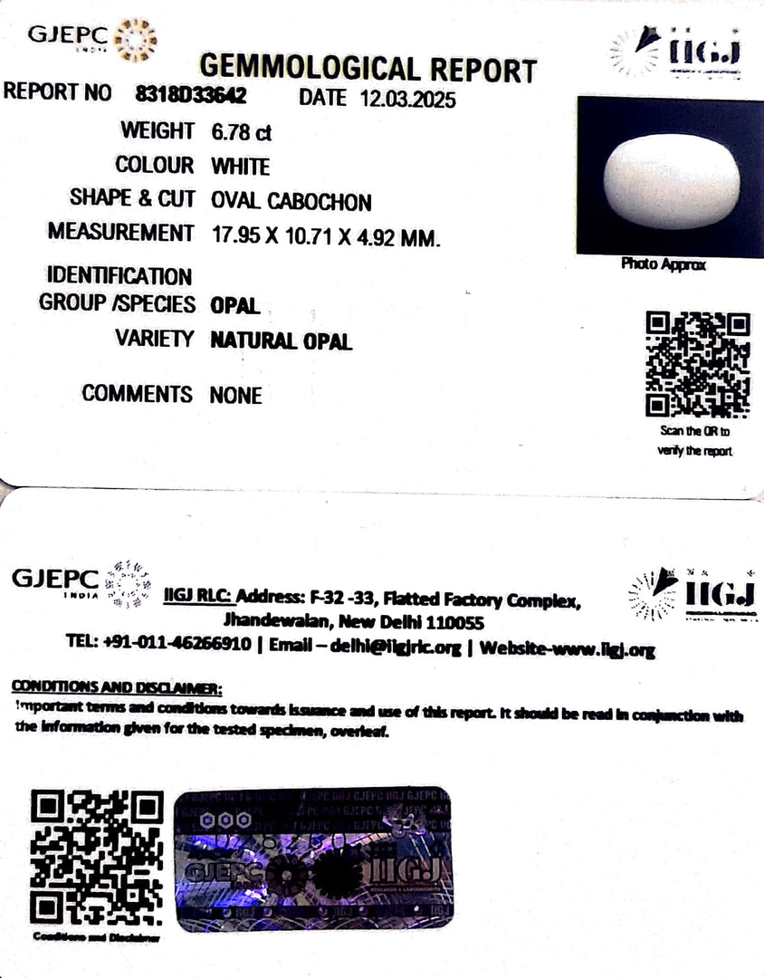 6.78/CT Natural Opal with Govt. Lab Certificate