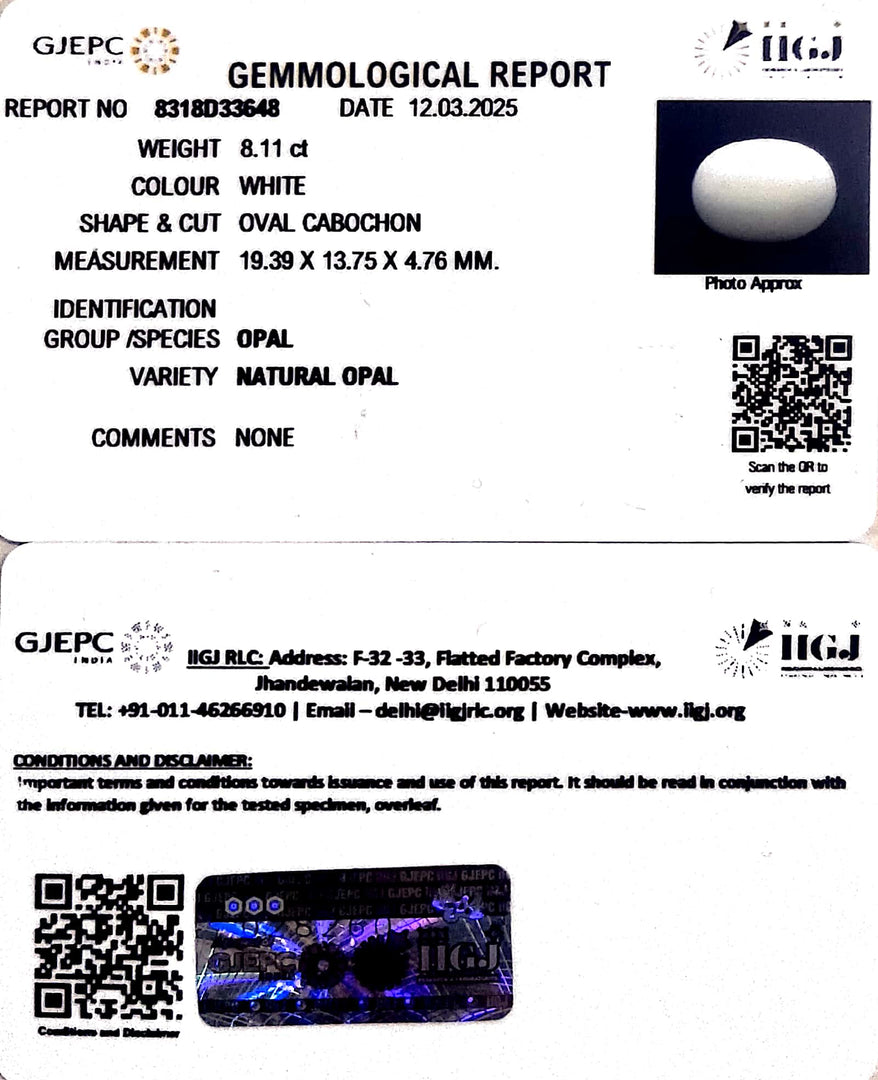 8.11/CT Natural Opal with Govt. Lab Certificate