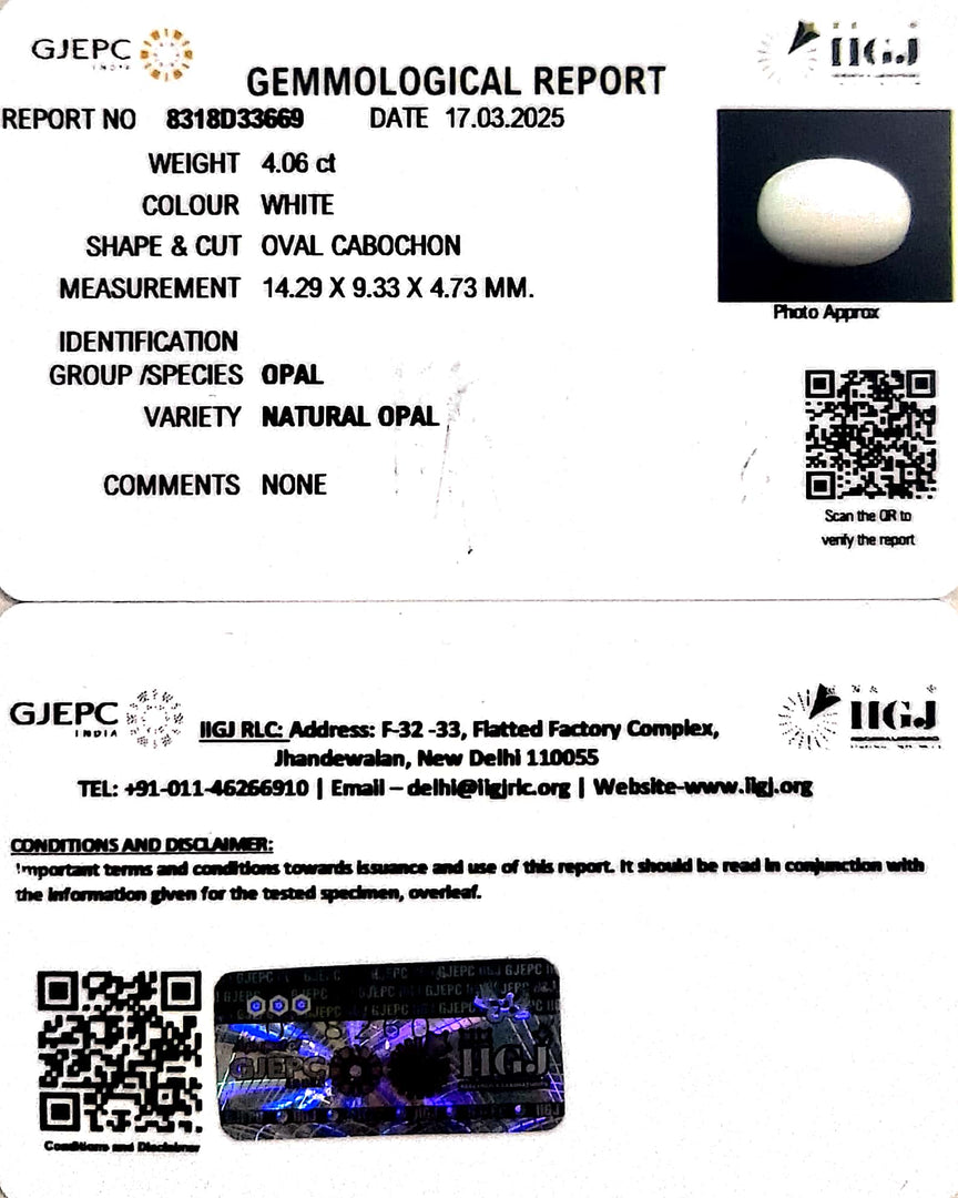 4.06/CT Natural Opal with Govt. Lab Certificate