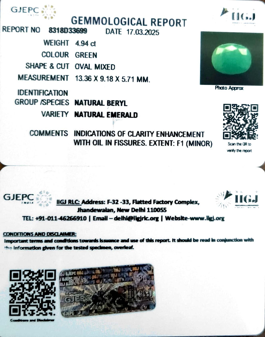 4.94/CT Natural Panna Stone with Govt. Lab Certificate