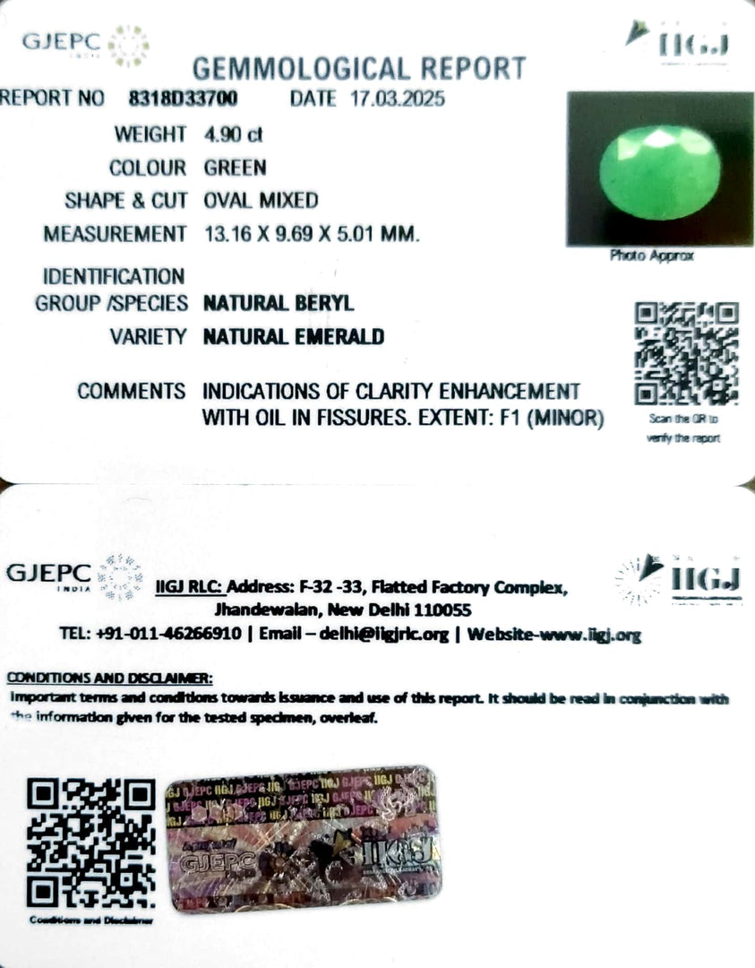 4.90/CT Natural Panna Stone with Govt. Lab Certificate