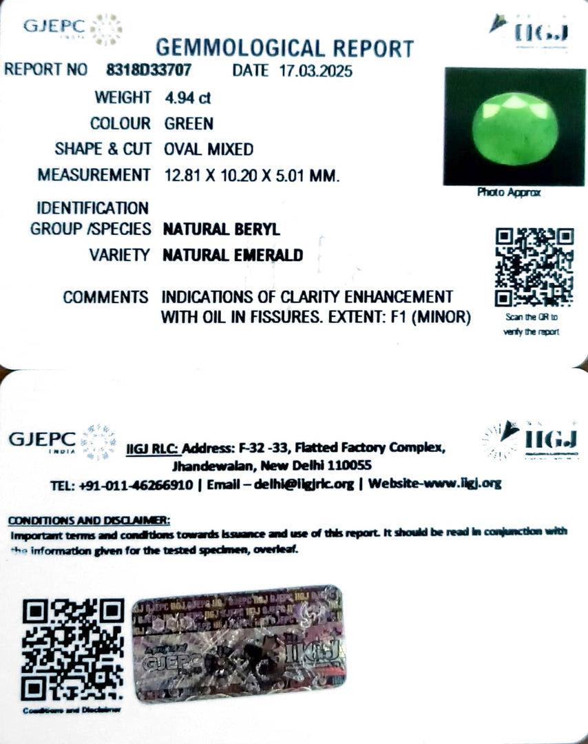4.94/CT Natural Panna Stone with Govt. Lab Certificate