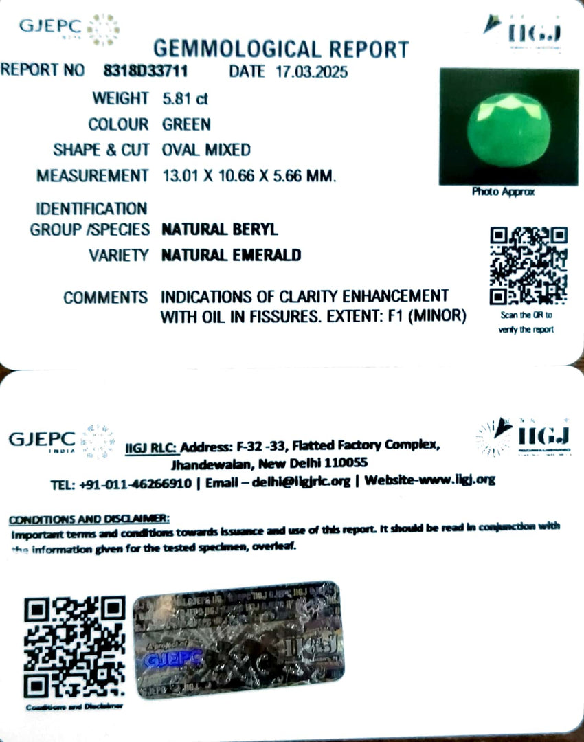 5.81/CT Natural Panna Stone with Govt. Lab Certificate