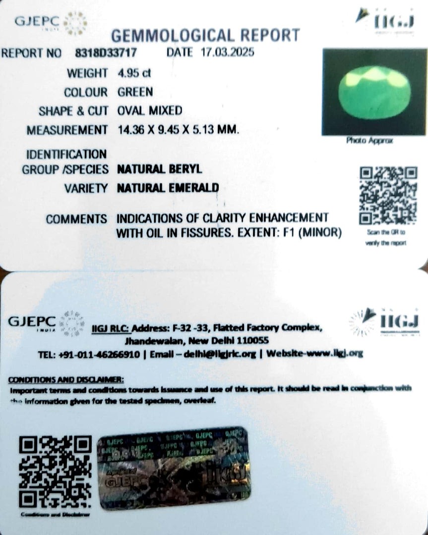 4.95/CT Natural Panna Stone with Govt. Lab Certificate