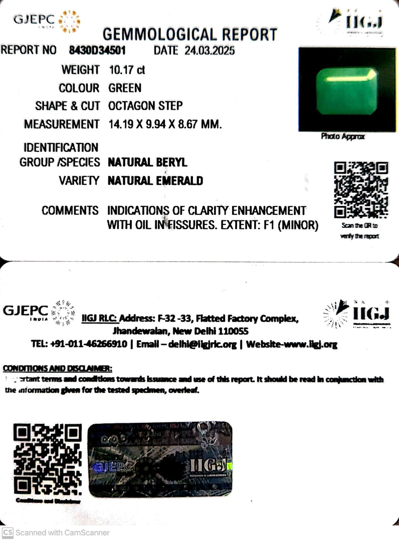 10.17/CT Natural Panna Stone with Govt. Lab Certificate