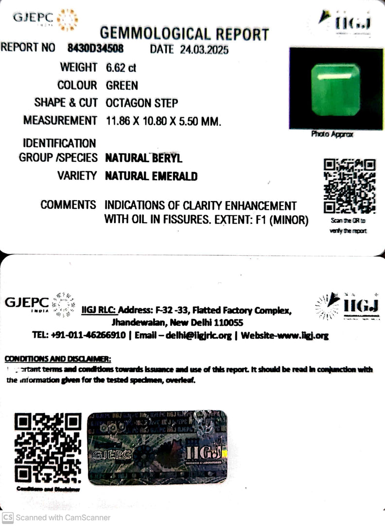6.62/CT Natural Panna Stone with Govt. Lab Certificate
