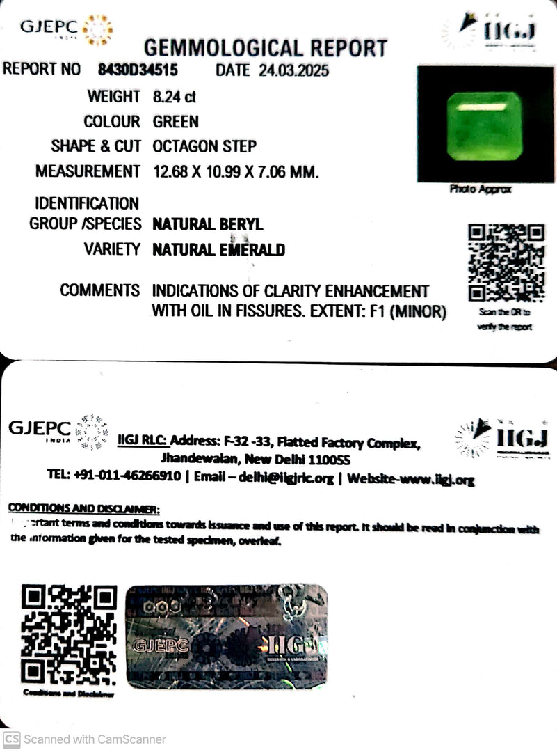 8.24/CT Natural Panna Stone with Govt. Lab Certificate