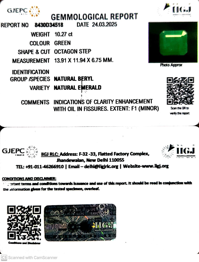 10.27/CT Natural Panna Stone with Govt. Lab Certificate